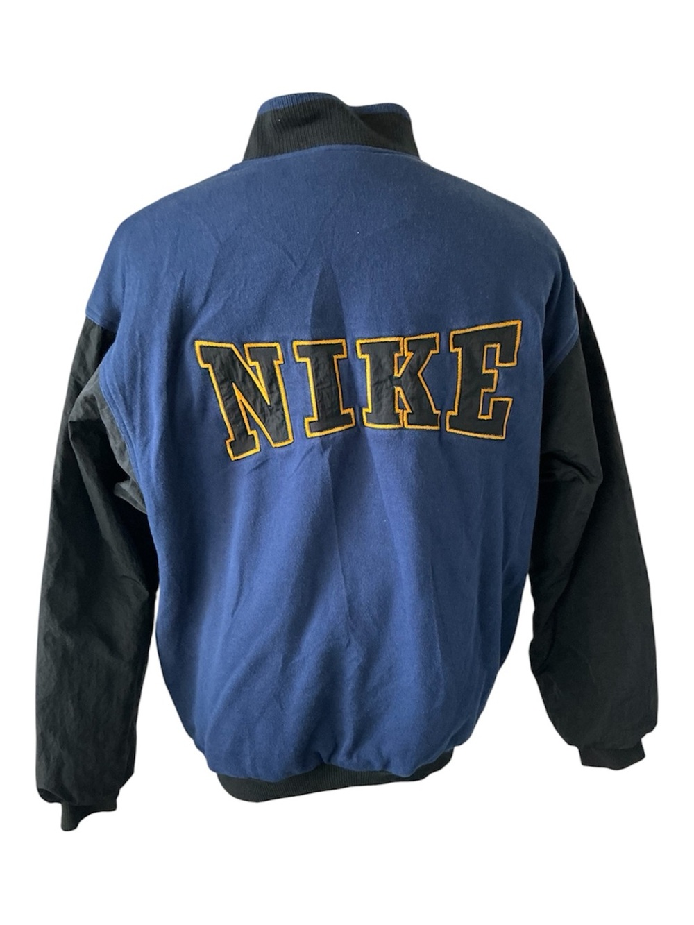Vintage 90s Nike Back Big Spell Out Fleece Nylon Bomber Jacket Sz L Blue Black
